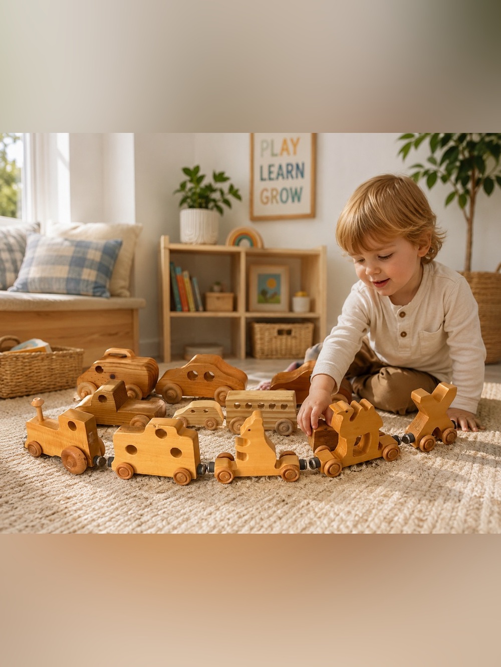Natural Wood Kids Toy Vehicle Set - Wooden Cars & Train